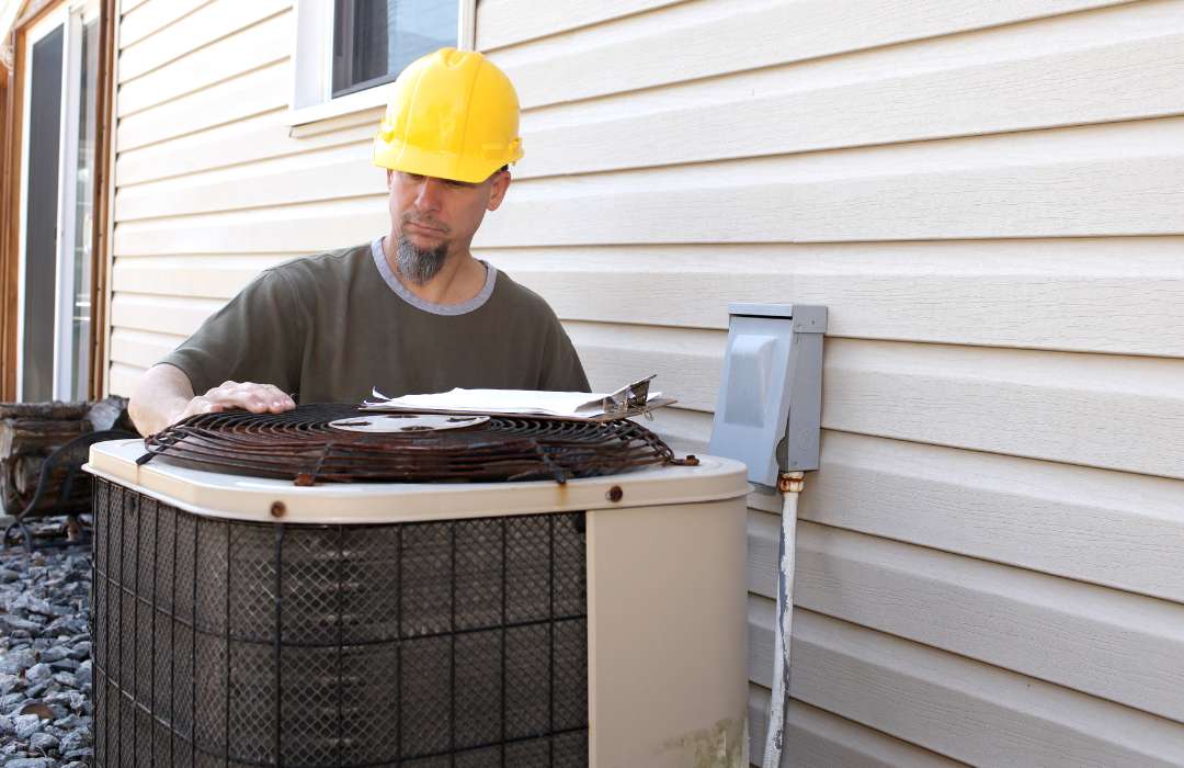 HVAC technician repairing AC unit