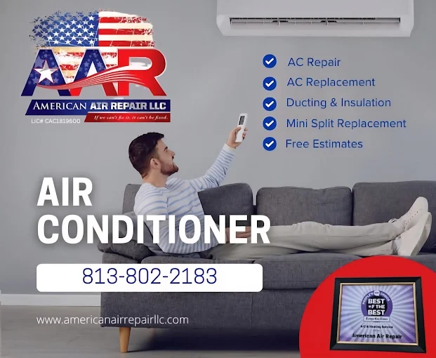 American Air Repair poster highlighting HVAC professional services as a homeowner relaxes on the couch and turns on the air conditioner