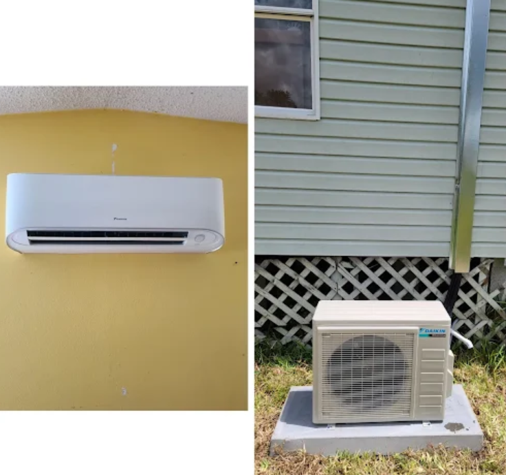 Side-by-side images of a newly installed mini-split AC unit indoors and its outdoor condenser.